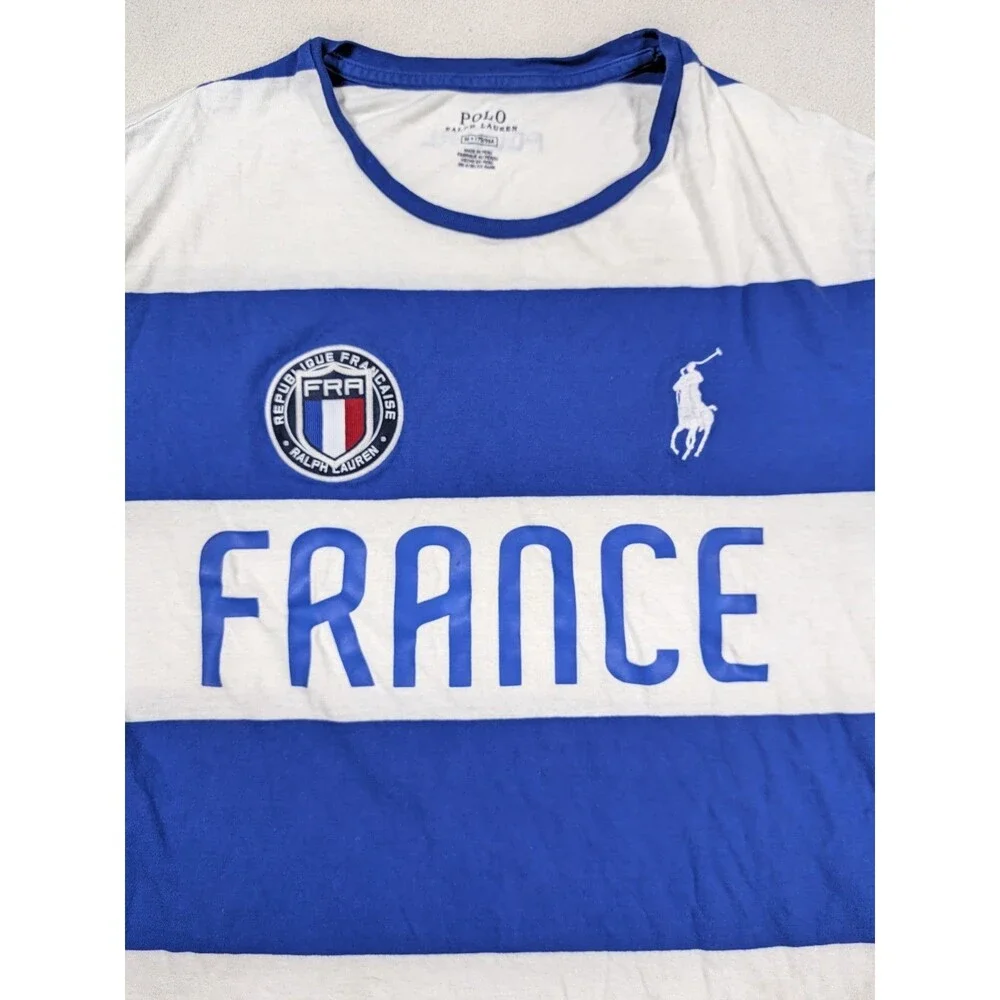Polo Ralph Lauren France Blue/White Striped T-Shirt Big Pony Logo Men's Medium